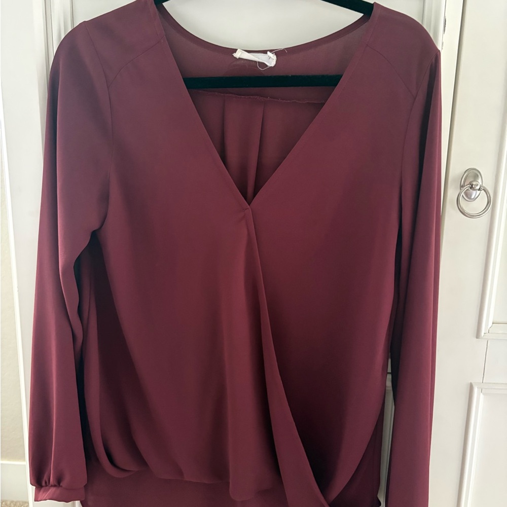 Lush Deep Burgundy V-Neck Blouse